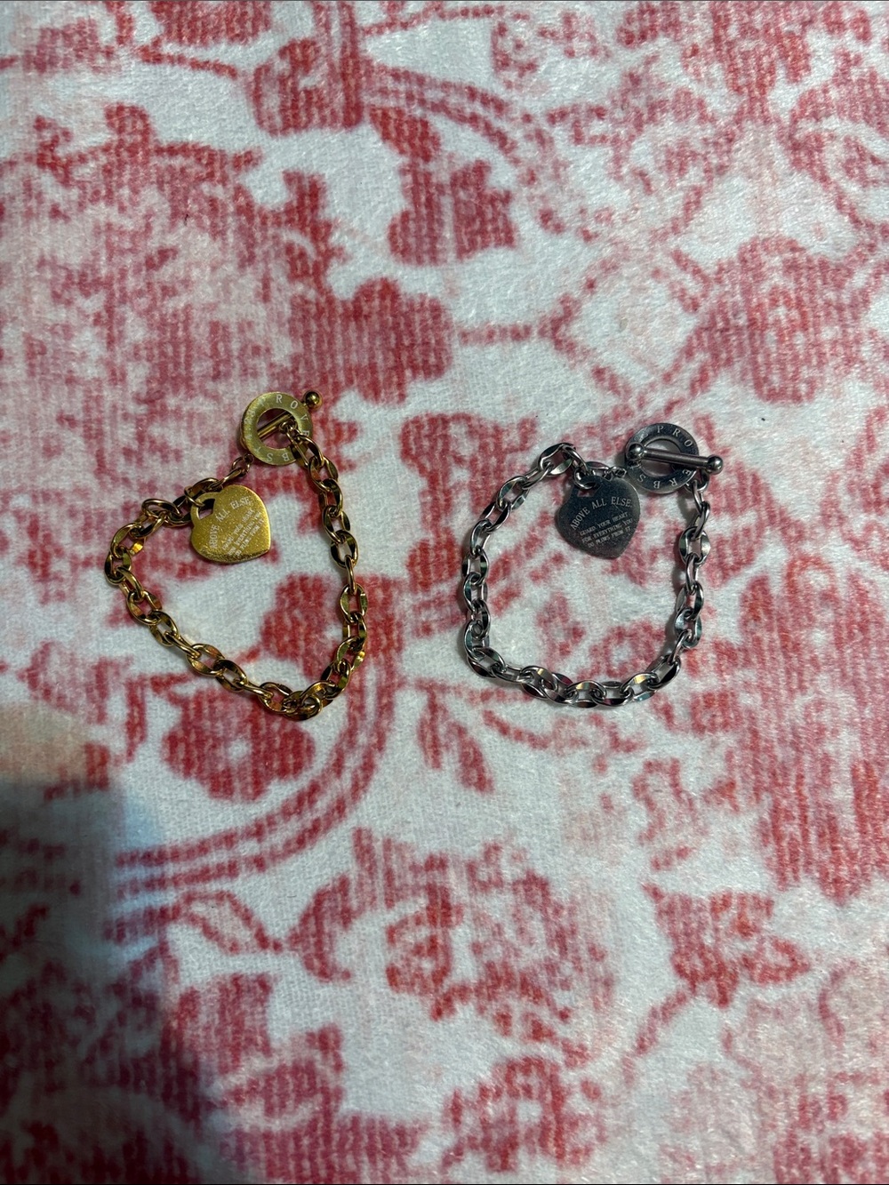Gold and Silver Heart Toggle Chain Bracelets two piece Costume jewelry